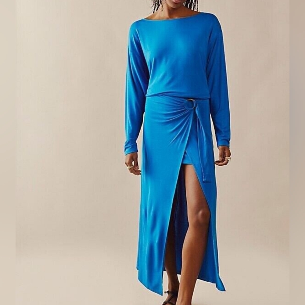 Free People | Large | Blue Long Sleeve Wrap Maxi Dress - Picture 12 of 12